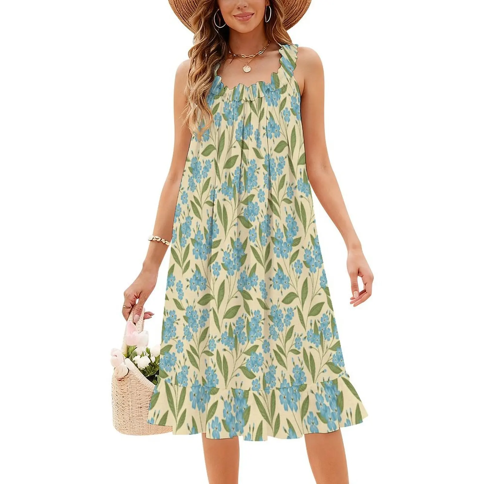 فستان Forget Me Not Floral Pattern ذو فتحة عنق على شكل قلب فستان أنيق للحفلات الصيفية للنساء ننسى لي لا نمط الأزهار #4