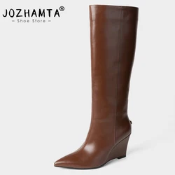 JOZHAMTA Size 34-40 Wedges Knee Boots For Women Genuine Leather Vintage High Heels Shoes Sexy Pointy Toe Long Tall Thigh Boots