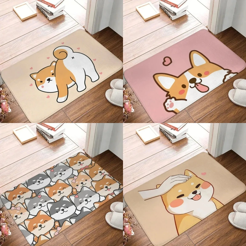 Pretty Cartoon Dog Pattern Door Mat Floor Mat with Adorable Shiba Inu and Corgi Design for Home Entrance Decor