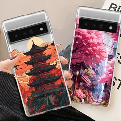 Japan Anime Sakura Train Landscape Phone Case For Google Pixel 8A 9 Pro XL 6 6A 7 Pro 7A Temple Print Clear Soft TPU Cover Funda