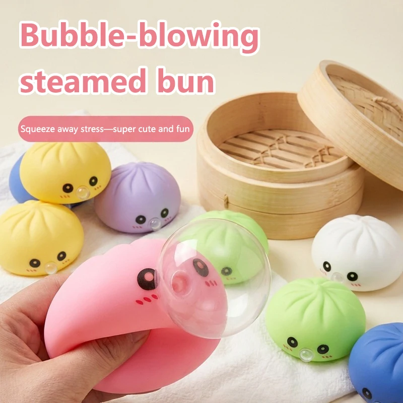 Cute Squishy Bun Squeeze Toy Set With Steamer Bubble Blowing Fidget Toy Soft Stress Relief Toy Mini Desktop Ornament For Adults