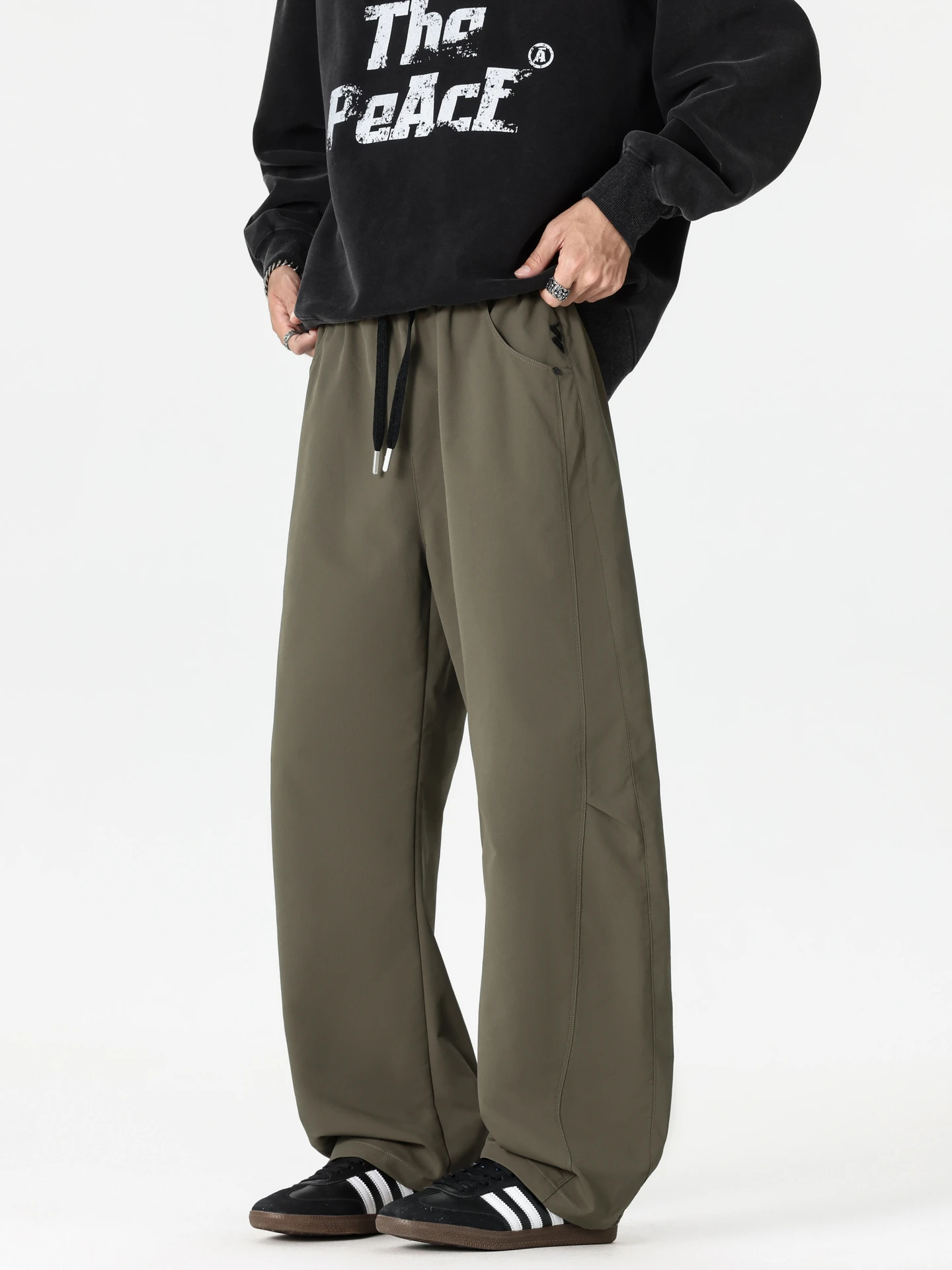 

Trendy Retro Patchwork Dstring Elastic Sports Pants Men Loose Casual Wide Leg Long Trousers Comfortable Wear for Youth