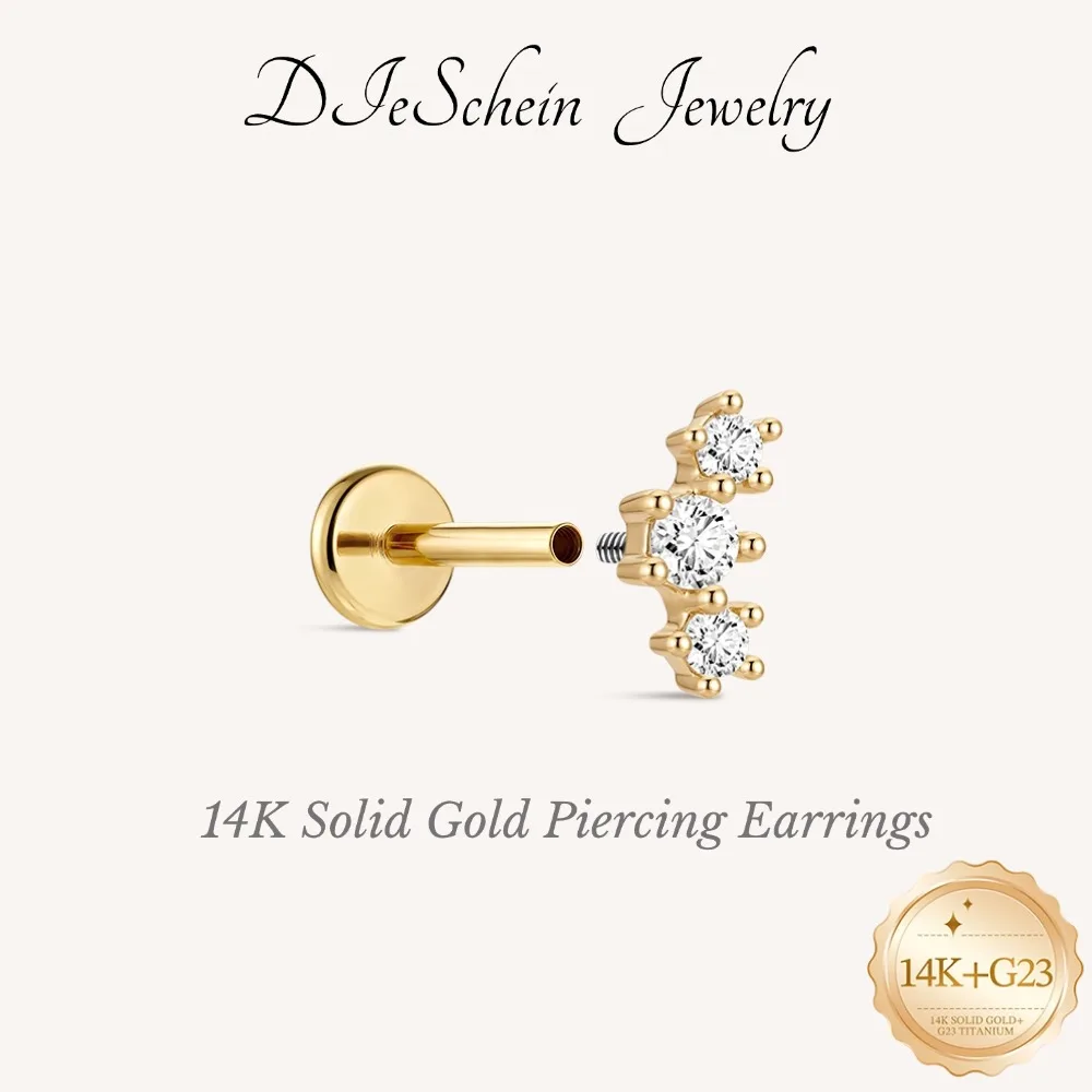 DIeSchein 14K Gold Stud Earrings for Women 18G Curved 3 CZ Climber Flat Back Earrings Gold for Piercing Cartilage Hoop Earrings