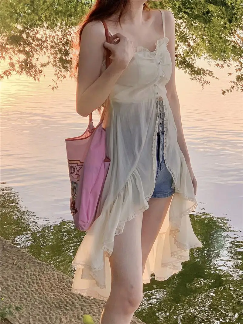 

Small Fresh Suspender Slit Dress, Women's Summer Fashion, Niche Design, Thin and High, Ruffles, Short Skirt Tide