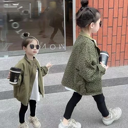 Girls Coat Outerwear 2024 Autumn New Children Trendy Leopard Print Double-sided Wear Windbreaker Boys Fashion Jacket