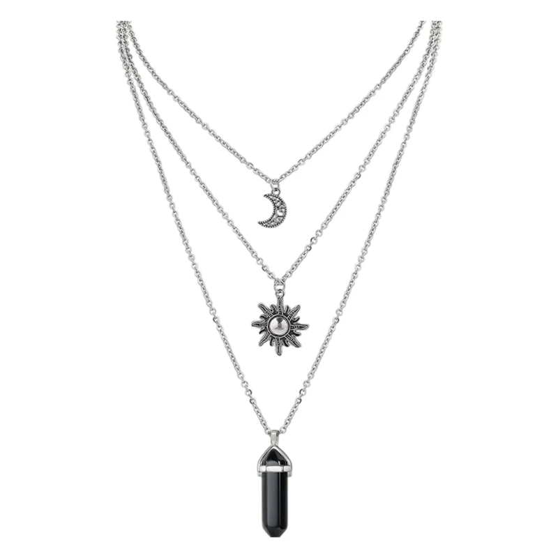Layering Gothic Jewelry Sun Moon Crystal Pendant Necklace For Women Adjustable Length Neckchain Fashion Accessories