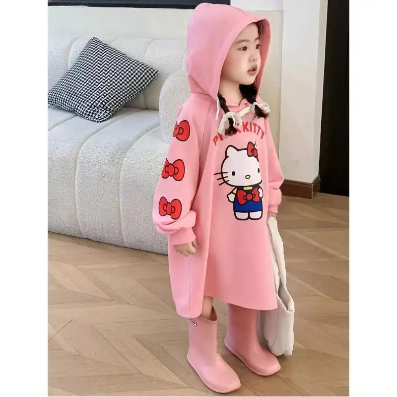 Autumn Winter Korean Version Girl Hooded Sweatshirt Dress Versatile Loose Cartoon Kt Cat Long Sleeve Dress Kawaii T-Shirt Skirt