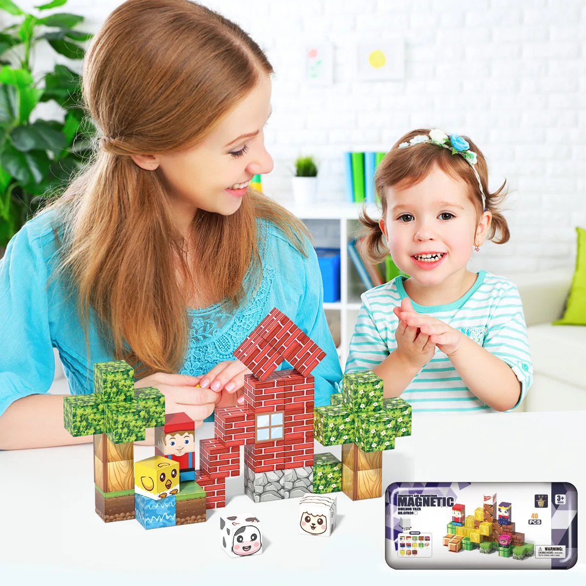 40PCS Magnetic Building Blocks Toddler Magnetic Cubes STEM Learning Set with Iron Storage Box Portable Construction Toys Gift