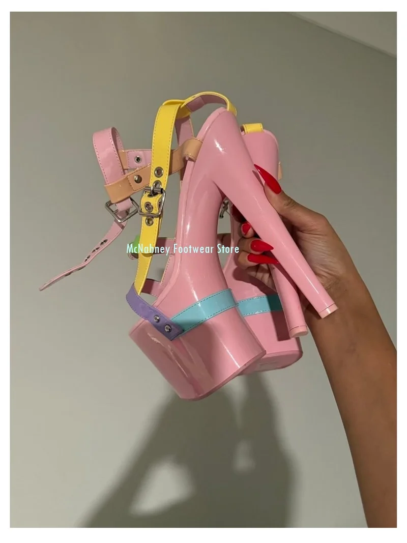 Pink Round Head Waterproof Platform Stilettos Sandals Color Thin Strap Combination Lolita Sandals Manual Luxurious Women'sshoes