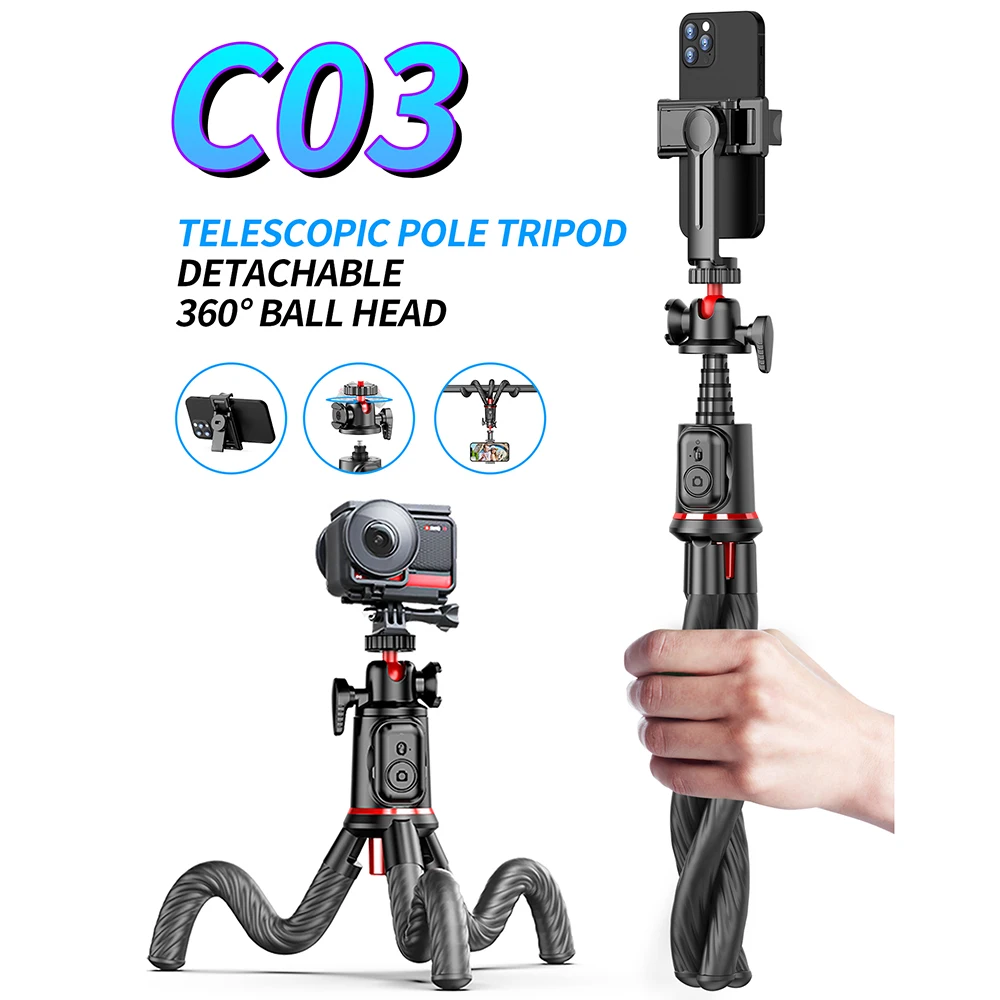 YTGEE C03 Collapsible Octopus Camera Mobile Phones Tripod Selfie Stick Remote Control Aluminum with Detachable Phone Clip