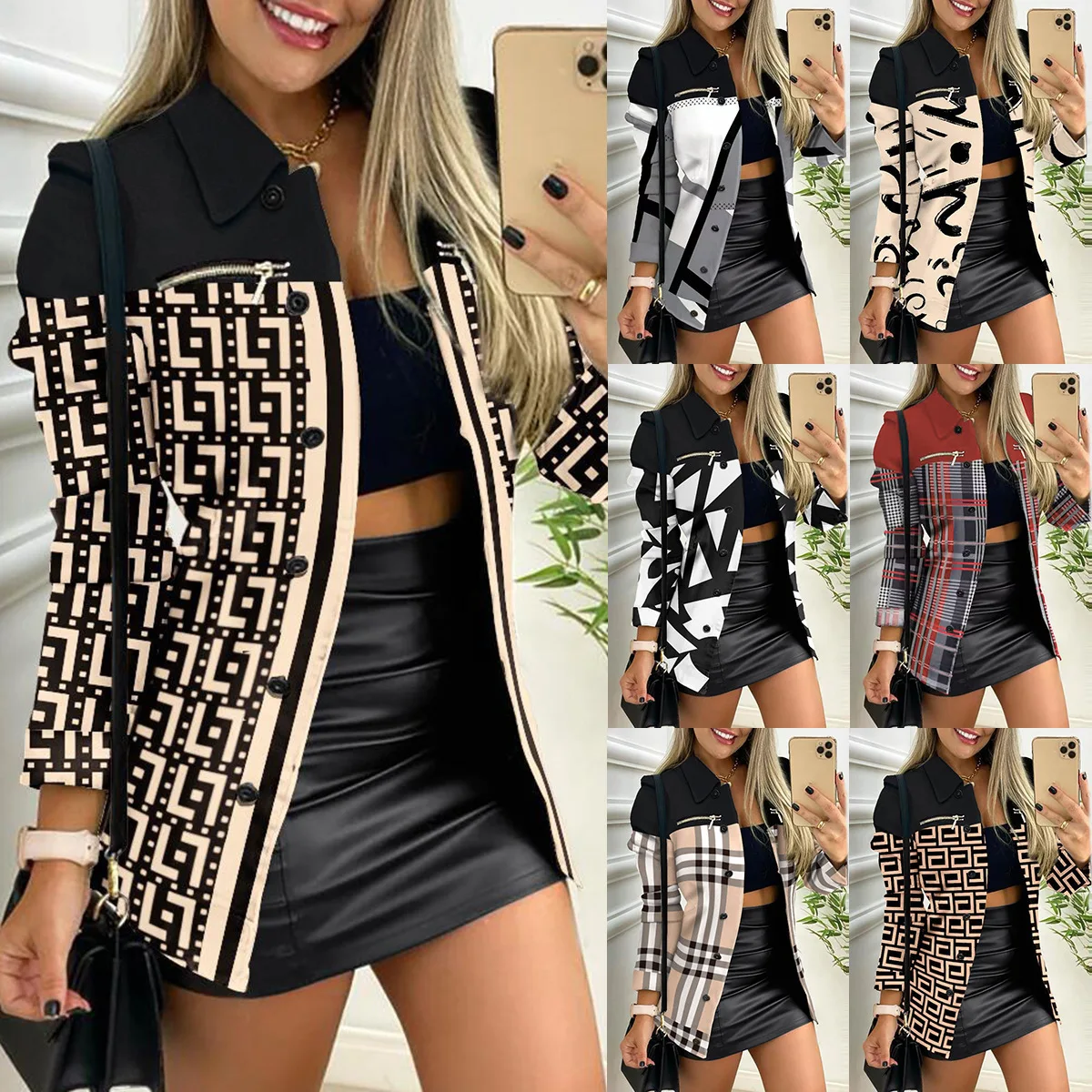 Women's Printed Geometric Jacket 2024 Autumn and Winter Long Sleeve Zipper Color Block Printed Lapel Jacket for Women