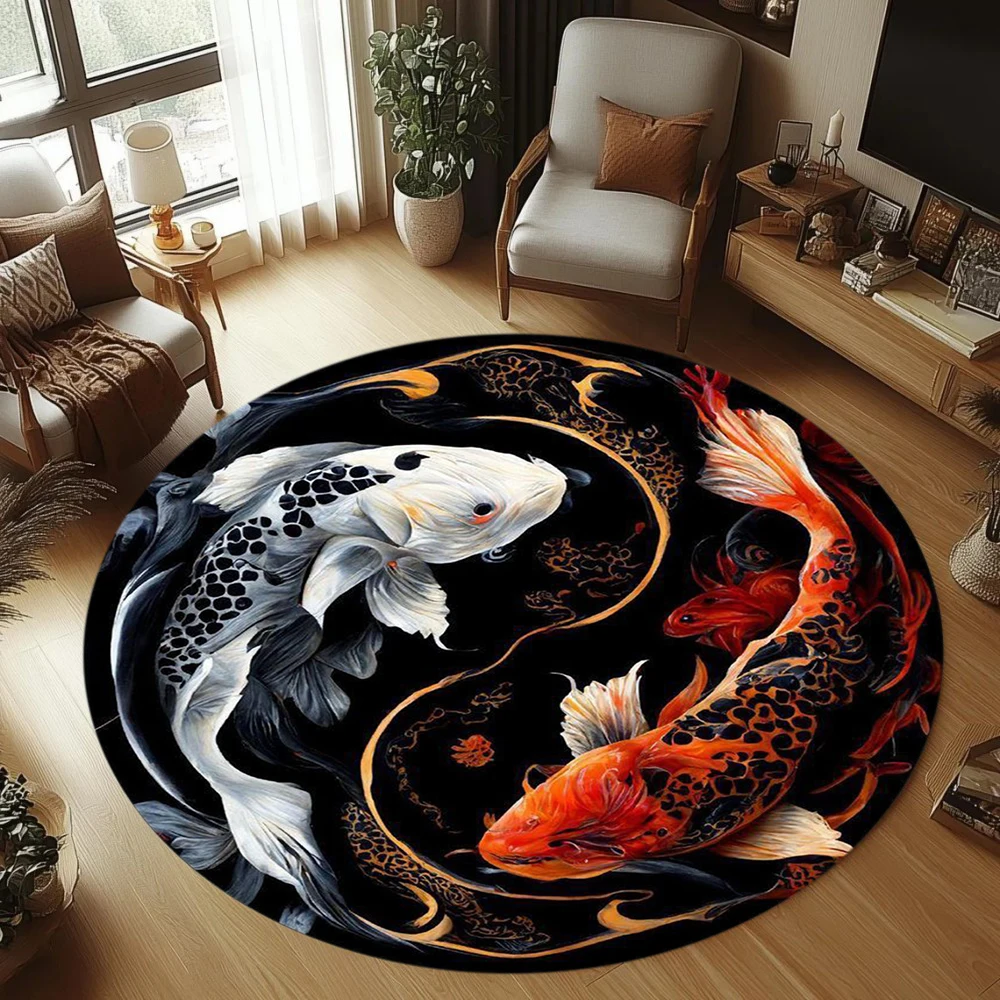 Tai Chi Shaped Patterned Koi Fish Round Area Rug National Art Style Non-Slip Floor Mat for Living Rooms Artistic Spaces