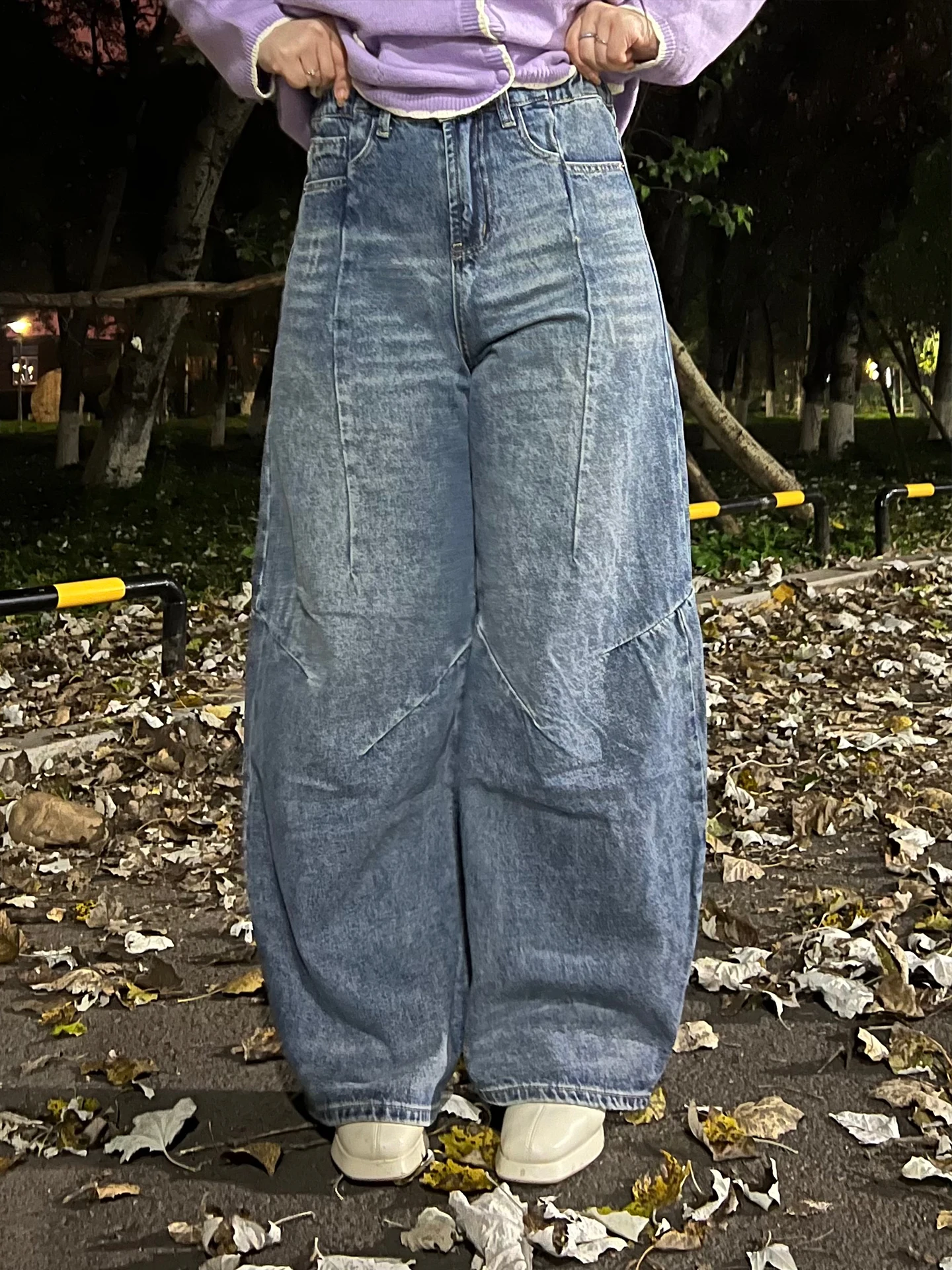 

Винтажные джинсы с высокой талией и широкими штанинами, больших размеров, женские, модные, из выцветшего хлопкового денима, с декоративными карманами, на молнии, свободного кроя