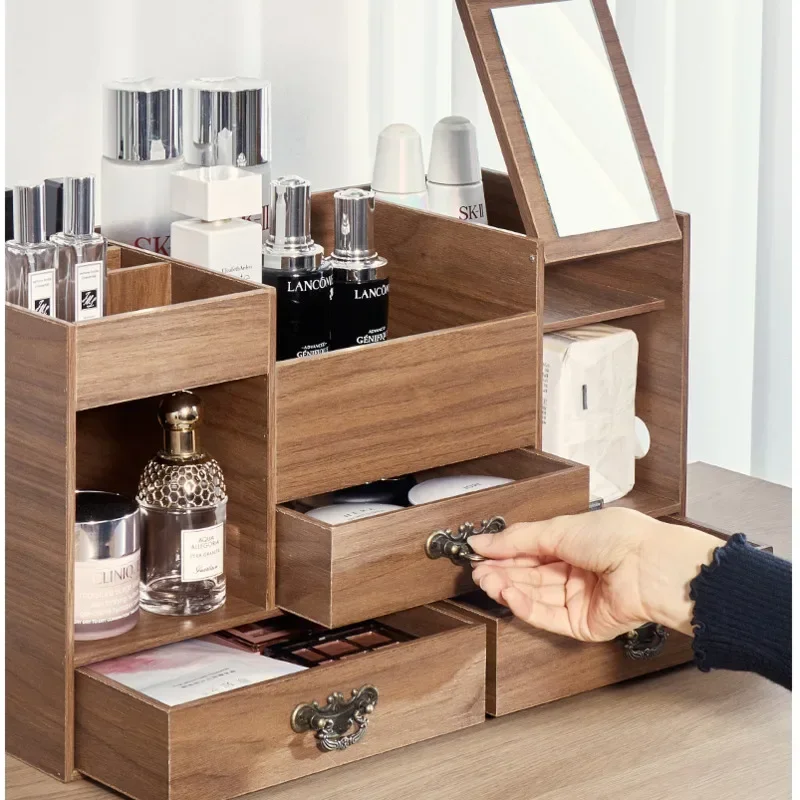 Large Capacity Makeup Organizer Multi Layered Drawer Makeup Box Advanced Sense Wood Makeup Cases With Mirrors Cosmetics Stand