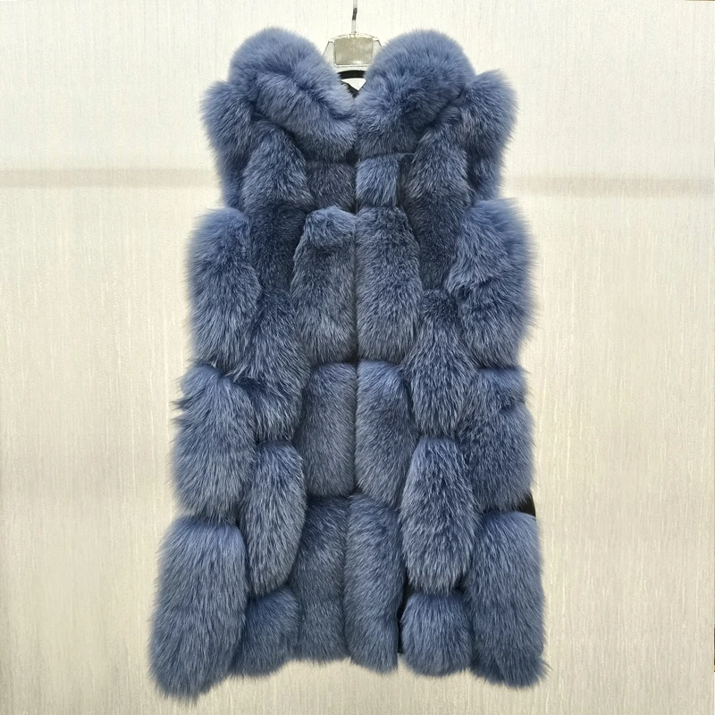 Hochwertige Luxus Frauen Echtpelz Mantel Winter jacke lange Natur fuchs Pelz Weste Echt Schaffell Leder Kapuze dicken warmen Mantel – Detail 8