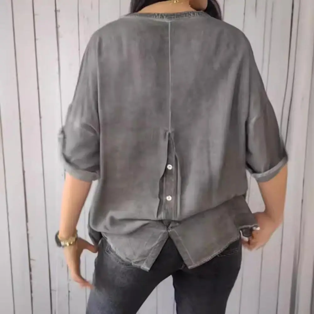 Top con cuello en V para mujer, Top elegante con cuello en V, camisa holgada con diseño de abertura trasera, transpirable para el día a día para mayor comodidad