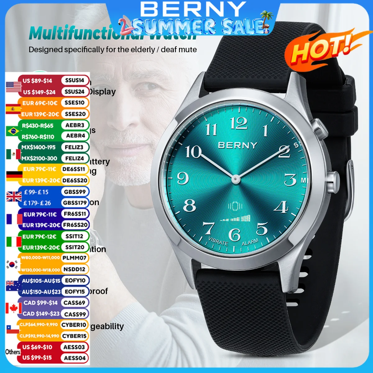 

BERNY Analogue Vibrating Watch Multifunctional Elderly medication reminder for elderly/deaf Watch for hearing impaired Watches