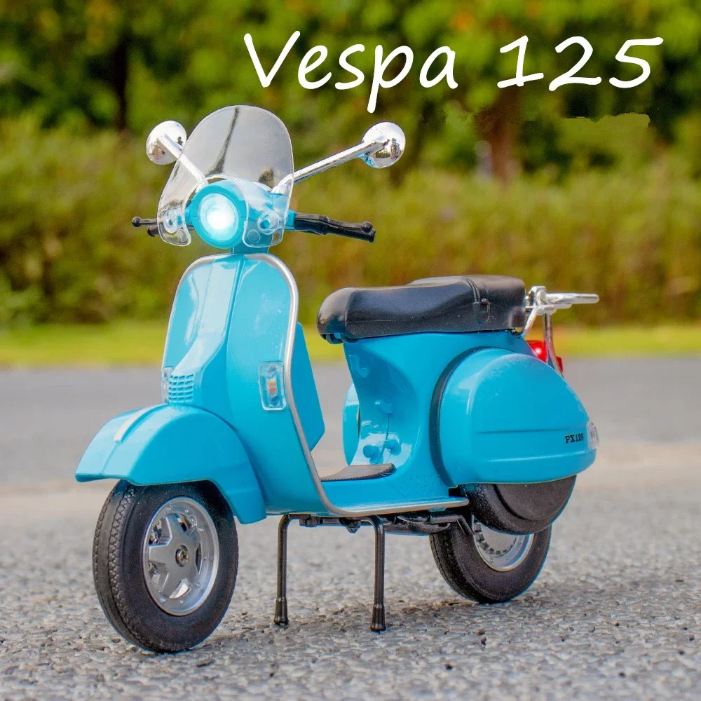 1:10 Alloy Diecasts Vespa 125 Classics Motorcycle Model Vehicles Sound Light Off Road Autocycle Simulation Collectibles Toys Car