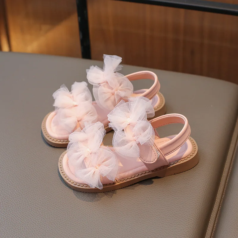 Girls Sandals Summer New Children Princess Causal Dress Sandals Fashion Open-toe Lace Bowtie Kids Flat Sandals for Wedding Party