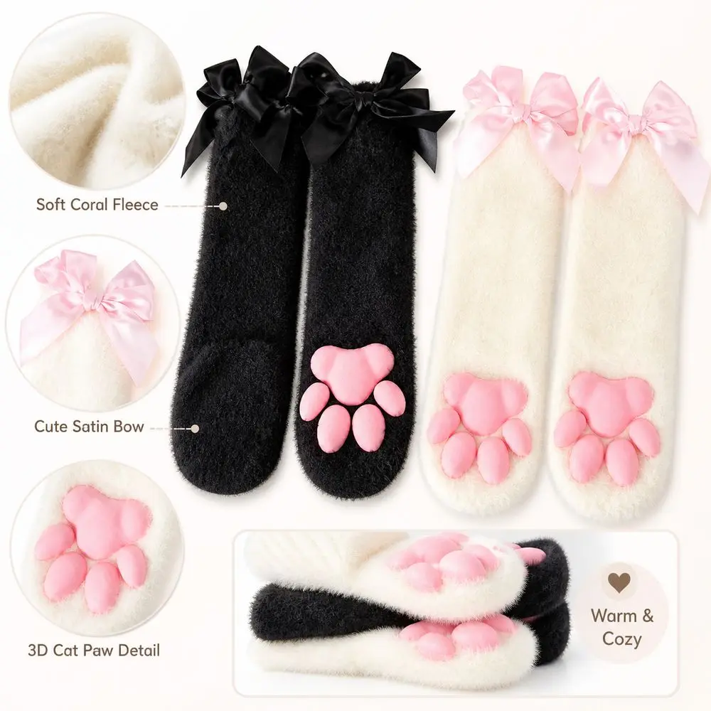 Raised Paw Pads Paw Socks Ribbon Bow Trim Soft Fuzzy Texture Animal Paw Socks Finish Warm Cat Paw Socks Daily Indoor Wear