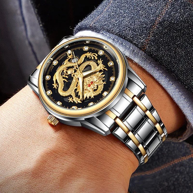 

Men's Watch Golden Dragon Watch 3D Golden Dragon Original Quartz Watch for Man Dragon Dial Waterproof Luminous Date Watch