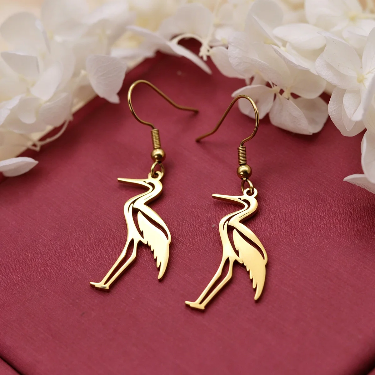 QIAMNI Unique Crane Heron Dangle Earrings Stainless Steel Bird Animal Piercing Drop Earring Birthday Jewelry For Women Men Gift