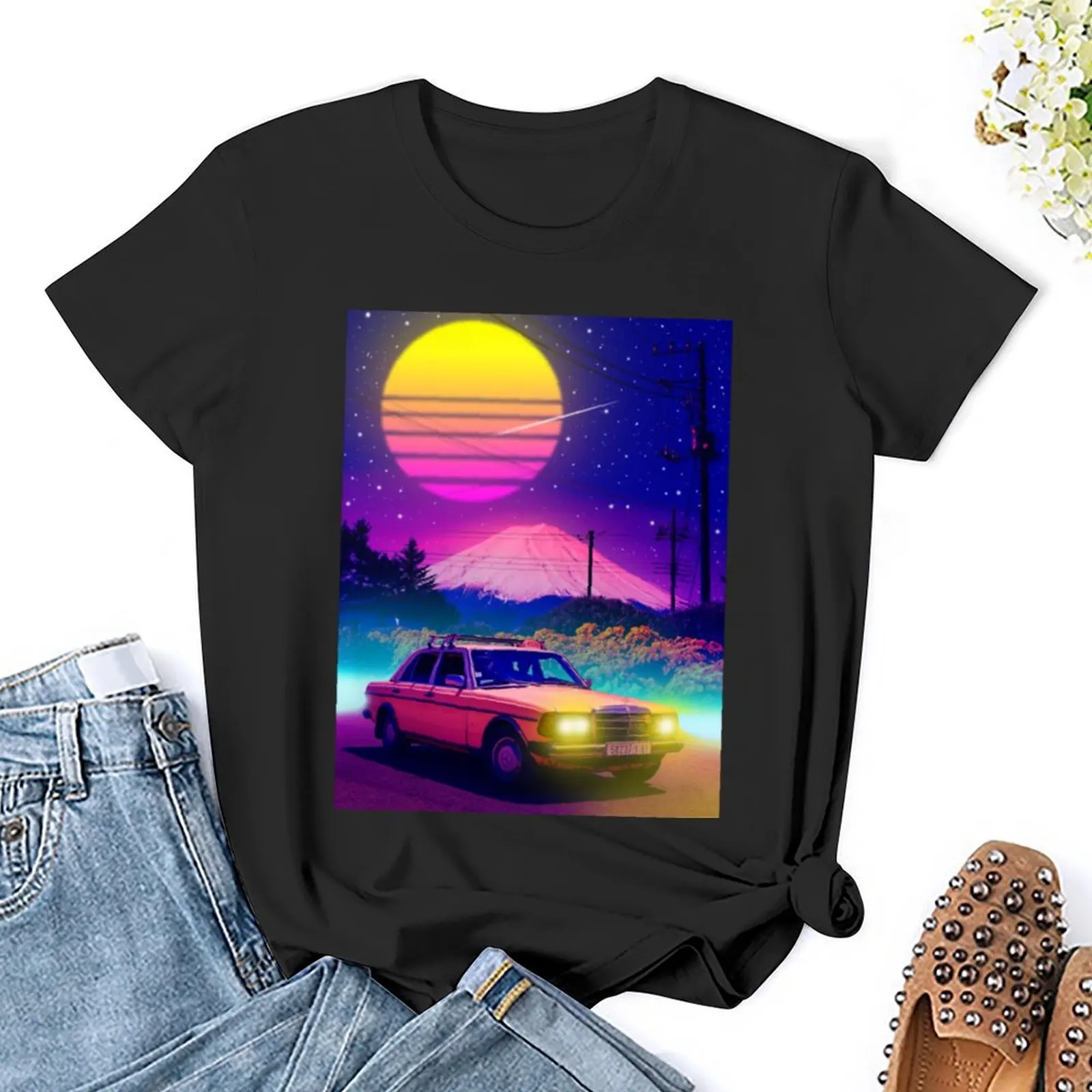 fuji mountain view car T-Shirt plus size tops Female clothing aesthetic clothes vintage Women's tops
