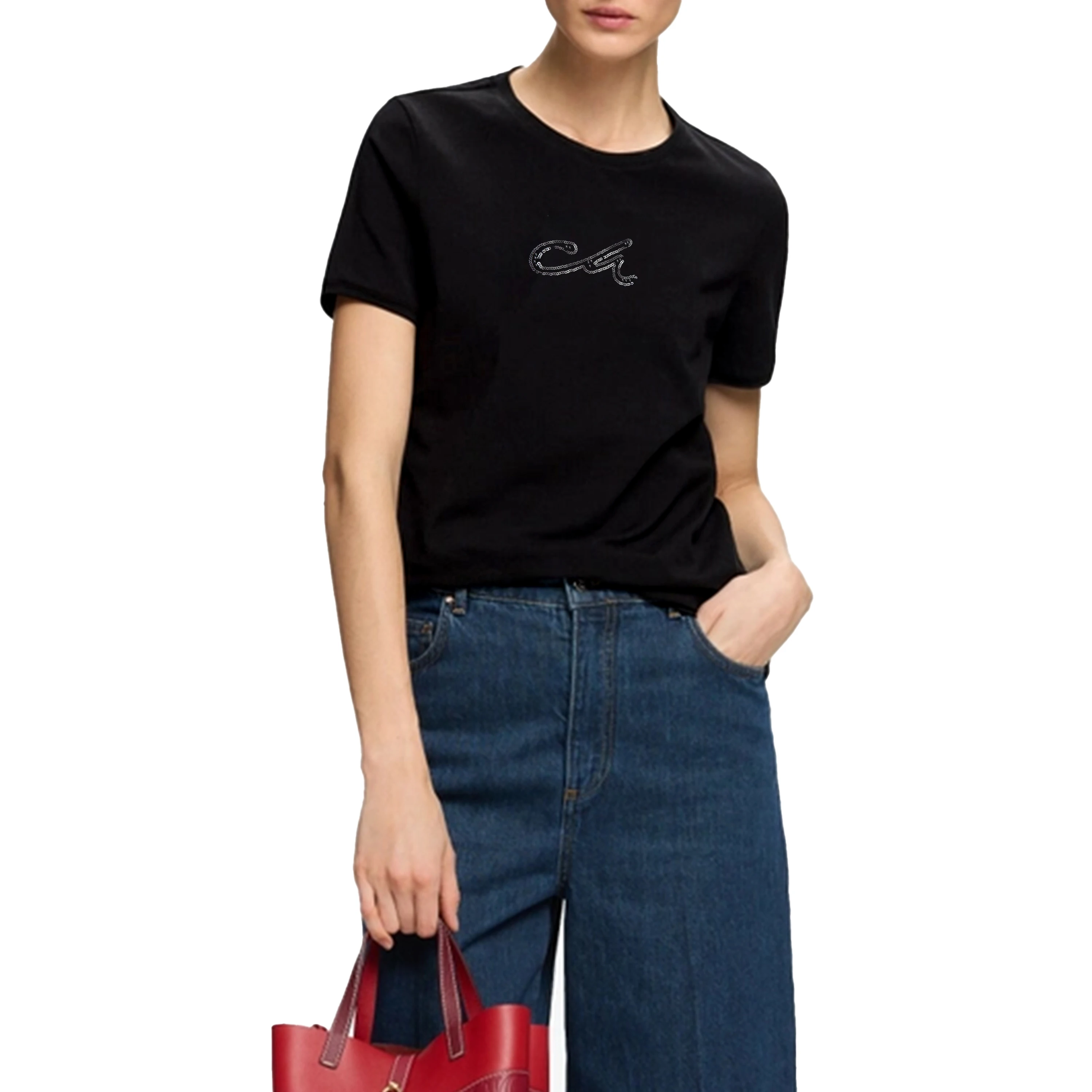 CHCH 2025 Women's Summer New Fashion Commute Cotton Round Neck Beaded Chic Solid Color Loose Short Sleeve Casual T-shirts Tops