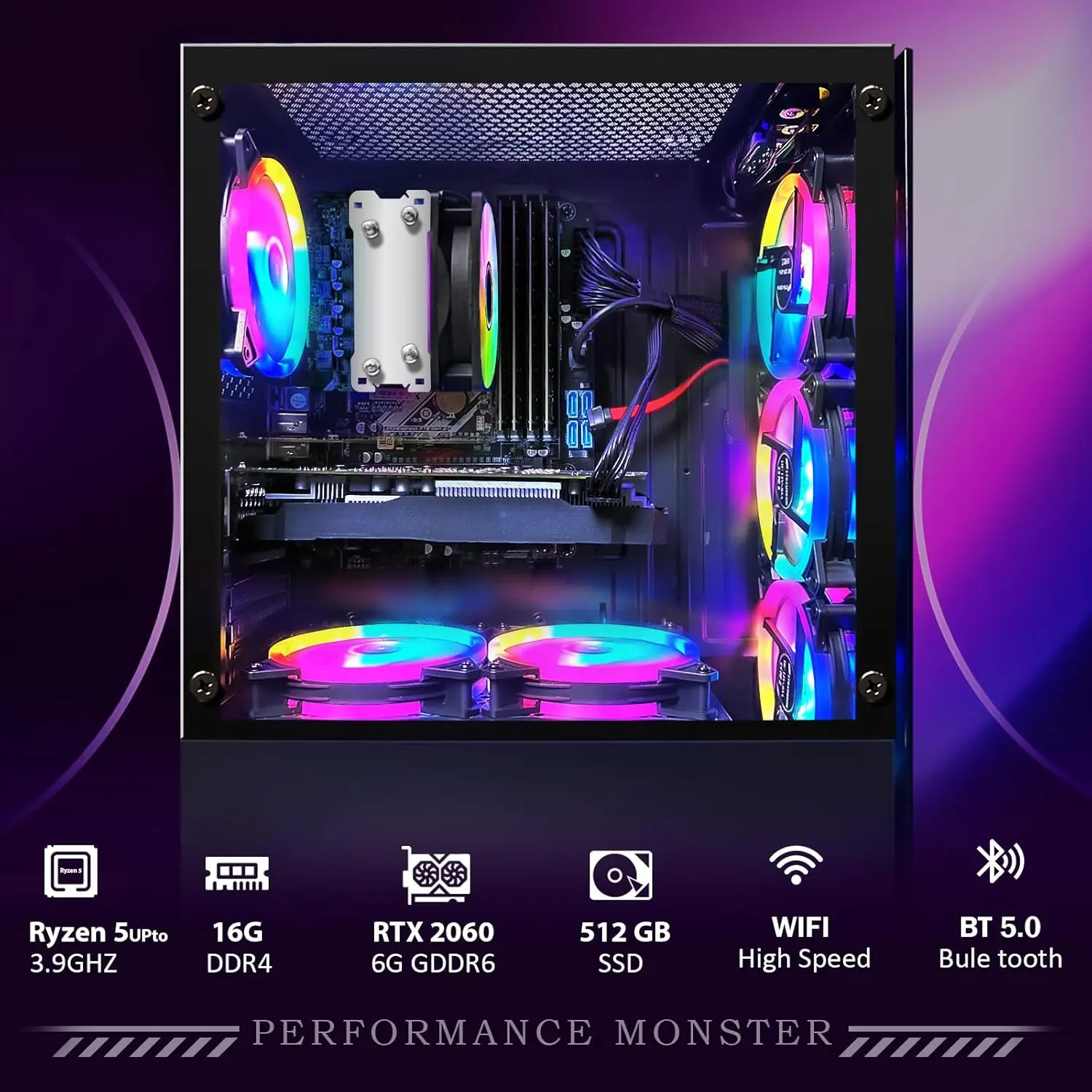 كمبيوتر مكتبي للألعاب، GeForce RTX 2060 6G، AMD Ryzen 5 2600 حتى 3.9G، 16G DDR4، 512G SSD، 600M WiFi، BT 5.0