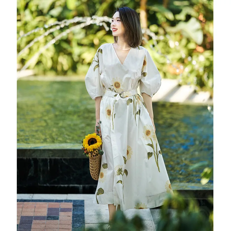 

Printed Bubble Sleeves V-Neck Dress Waist Wrapped Flowers Women's French Commuting Fashion Versatile Long Dress 2024 Autumn