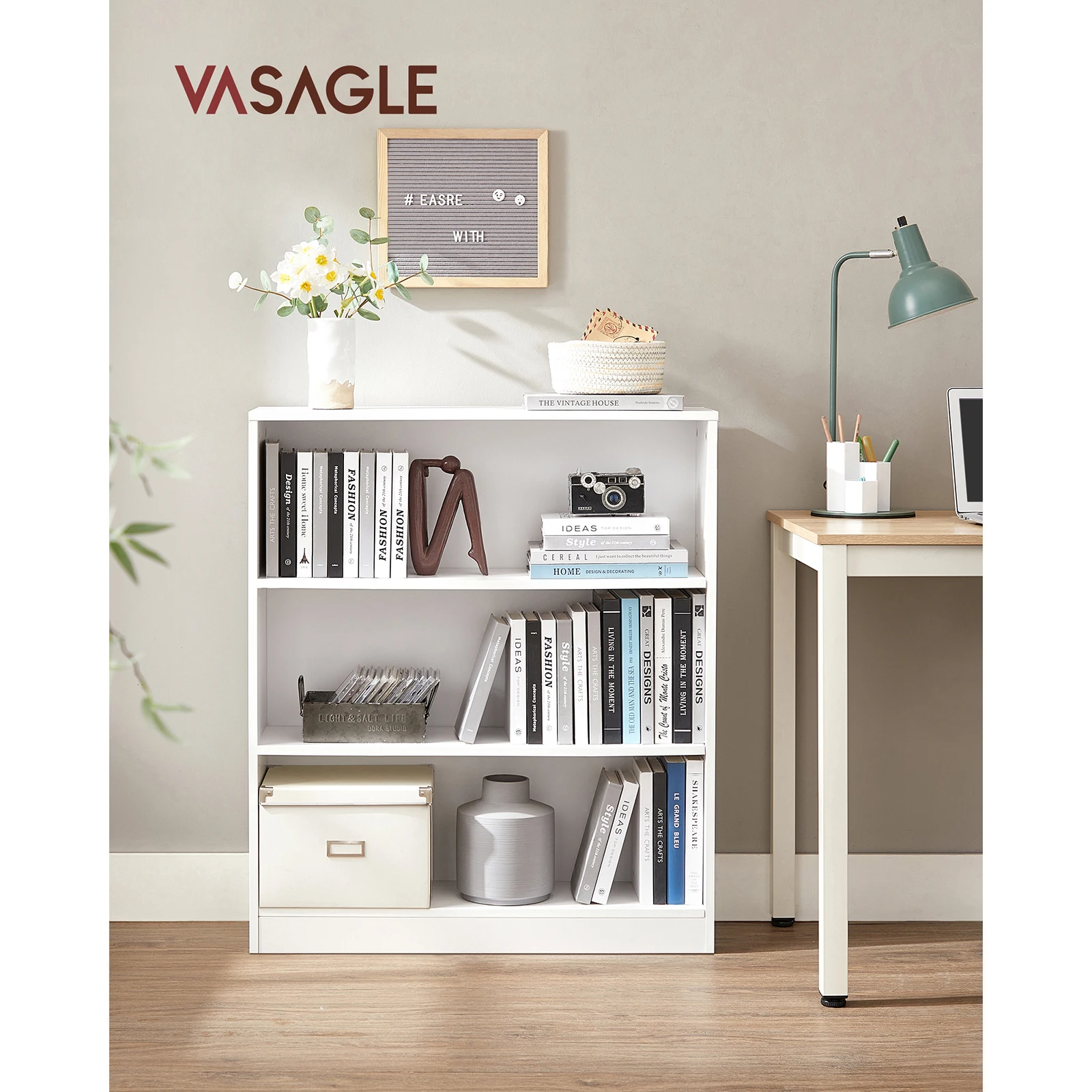 VASAGLE 3-Tier Bookcase, Adjustable Shelves, Children's Bookshelf for Home Office, 80 x 24 x 93 cm, White