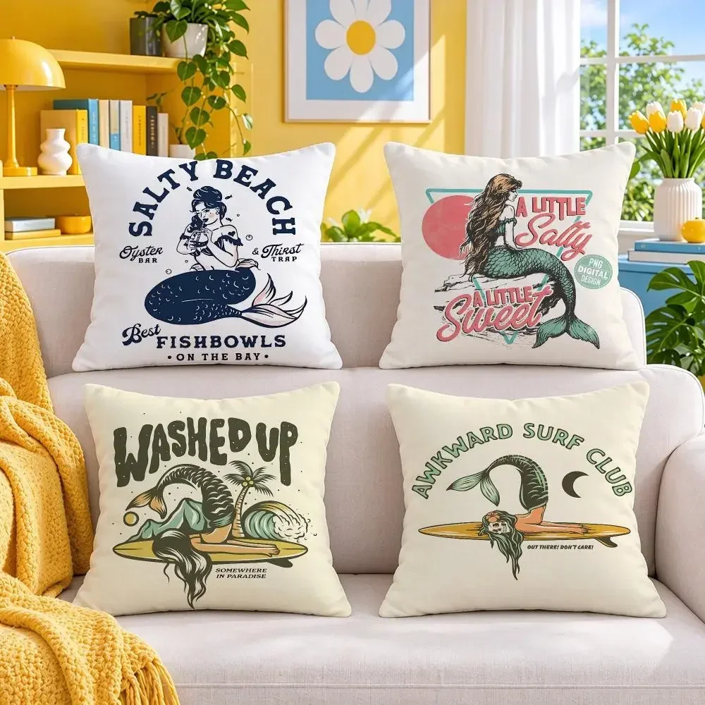 character Mermaid‑Human Cushion Cover Throw Pillow Short Plush Fresh Bright Cushion for Bedroom Sofa Ornament Present Gift