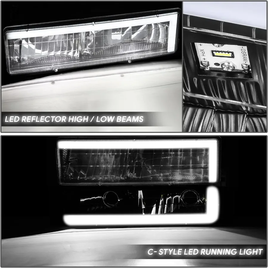 مصباح أمامي LED DRL طراز C + إشارة ممتصة للصدمات + مجموعة مصابيح زاوية متوافقة مع 92-99 Chevy GMC C/K 1500 2500 Suburban Yukon، أسود/Ambe