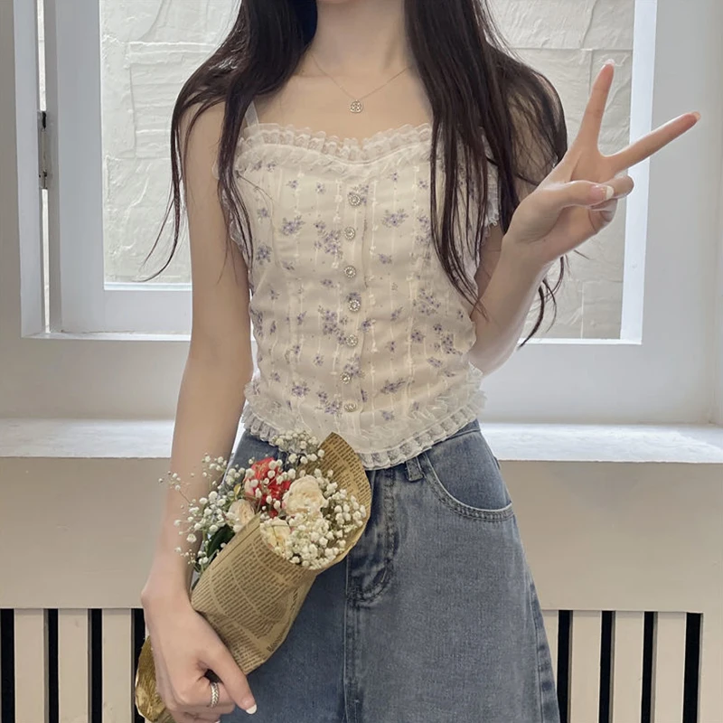 

French Floral Lace Camisole for Women Breathable Summer Tube Top with Wood Ear Hem Design Beautiful Back Detail Bottom and Outer