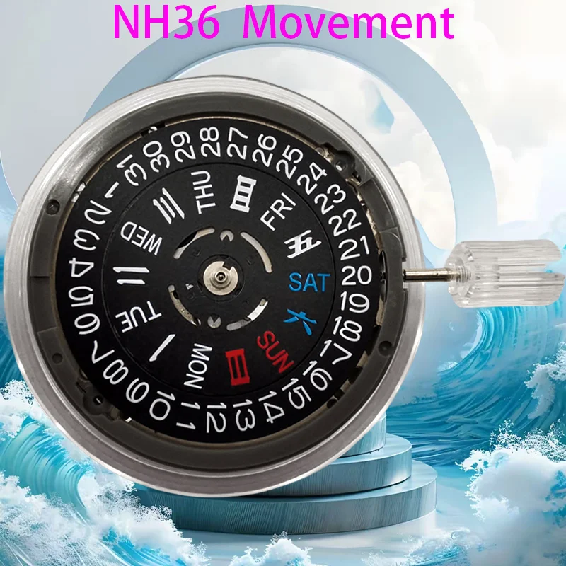Original Black White and Gold Calendar 24 Jewels NH36 Automatic Movement Crown at 3.0/3.8 /4.1O'Clock NH36A Watch Parts Stem Set