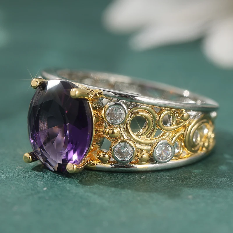 Vintage-Ring für Damen mit eingelegten weißen und violetten CZ-Steinen, schillernd, zweifarbig, handgeschnitzt, hohl, für den täglichen Gebrauch, Party-Schmuck, Jubiläumsgeschenk – Detail 4