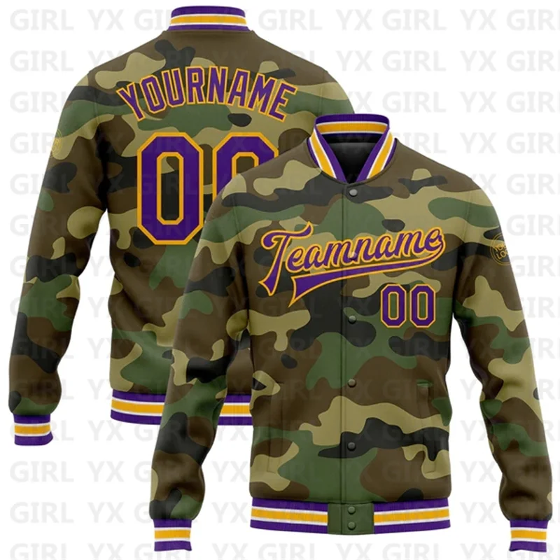 Custom Camo Purple-Gold Bomber Full-Snap Varsity Letterman Salute To Service Jacket 3D Printed Baseball Button Jacket