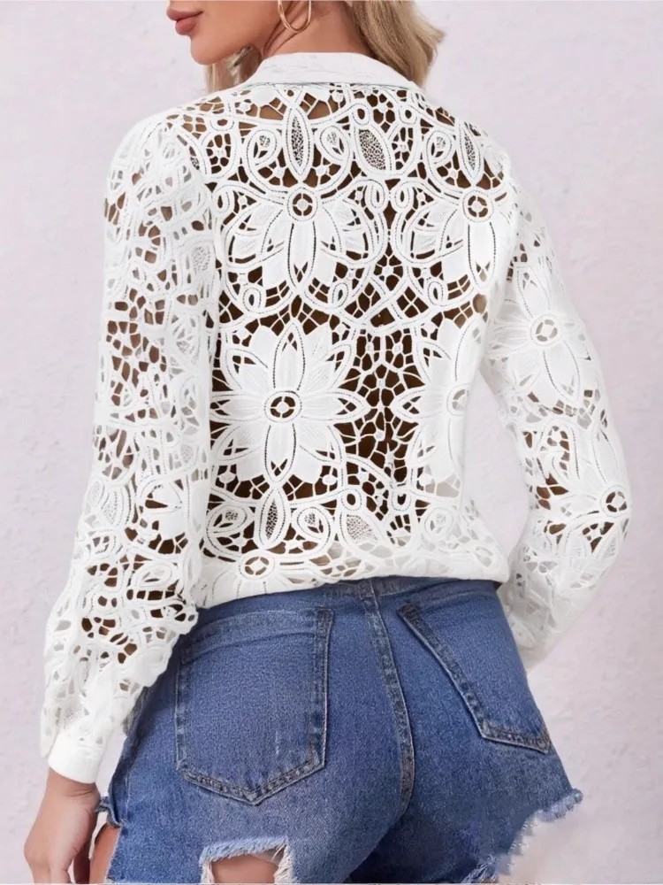 woman's Lace Blouses Elegant Long Sleeve Button shirt autumn Flip collar Sexy Hollow Office White Tops Fashion Women's Clothing