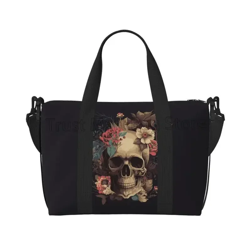 Sugar Skull Flower Halloween Black Travel Bag Unisex Workout Weekender Overnight Bags Large Capacity Waterproof Luggage Bag