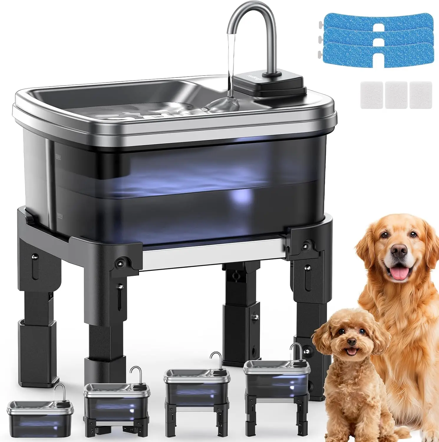 9L/2.38Gal Dog Water Fountain Elevated with 4-Height Adjustable Stand, Large Pet Water Dispenser with Durable Ultra-Quiet Pump &