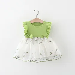 Girl's dress summer baby girl small flying sleeve top with patchwork mesh flower embroidery princess dress