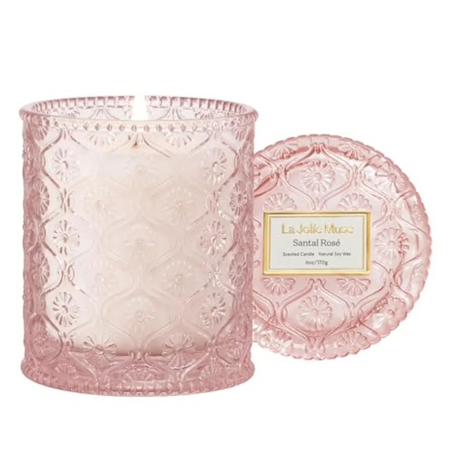Santal Rosé Scented Candles for Home, Natural Soy 40 Hrs Luxury Pink Jar Candle, Clean Non Toxic Wax, Gifts for Women, Floral D