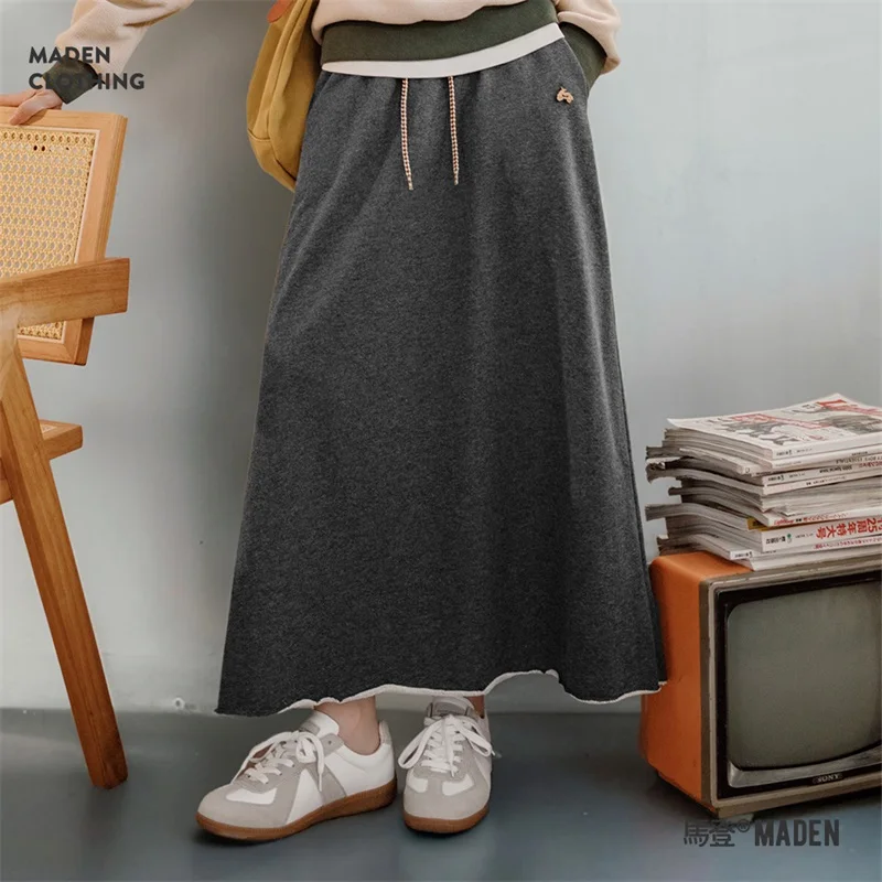 Maden Casual Knit Skirt Drawstring Elastic Waist A-Line Loose Fit with Pockets Solid Color Versatile Maxi Skirt for Autumn Women