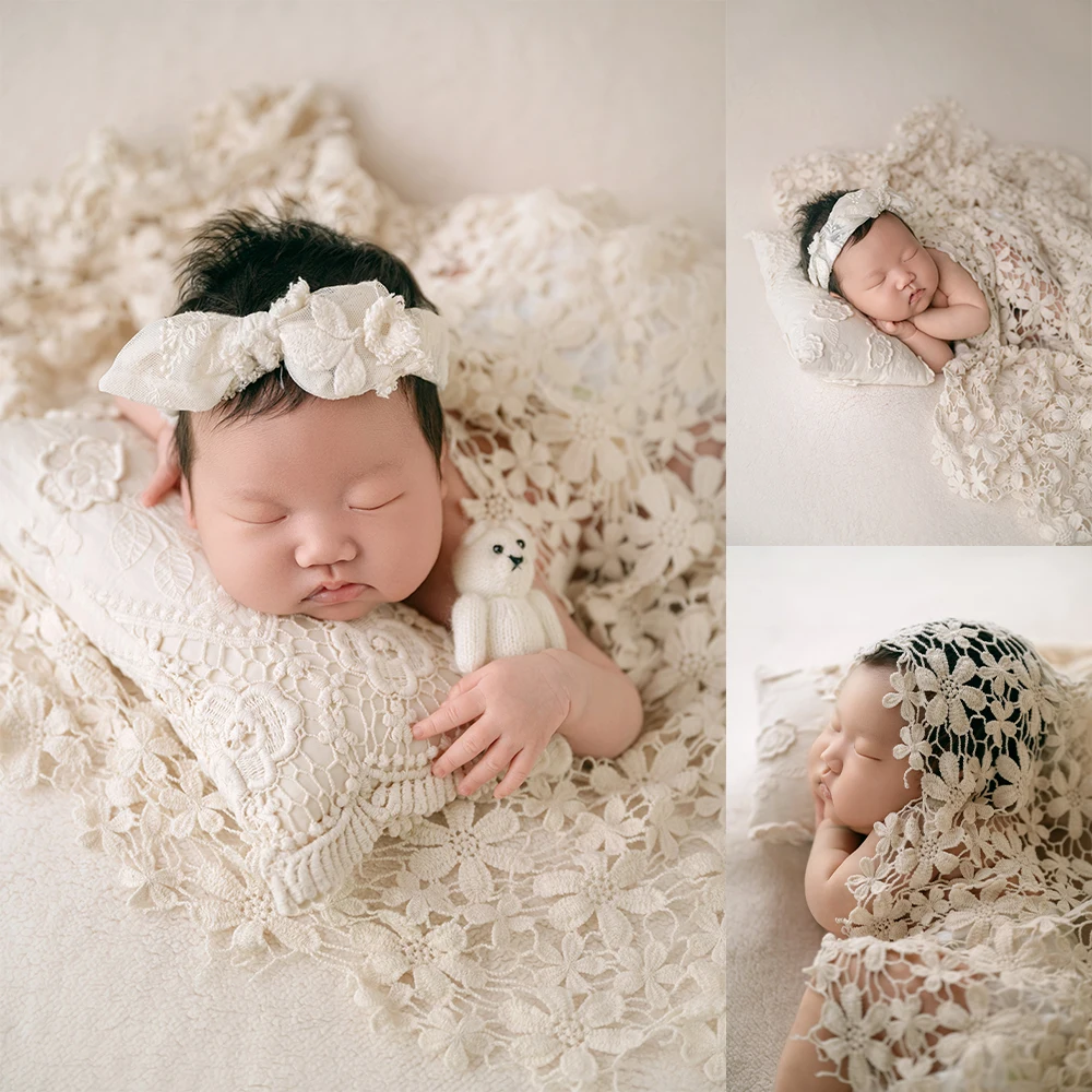 Neutral Newborn Lace Photography Props Set Bow Headband Bear Doll Lace Pillow Baby Shooting Posing Prop for Studio Photographers