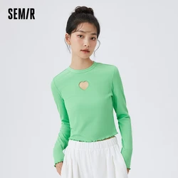 Semir T Shirt Women Knitting Bottom T Shirt Comfortable Underwear Home Pajamas Love Hollow-Out Long Sleeve Top