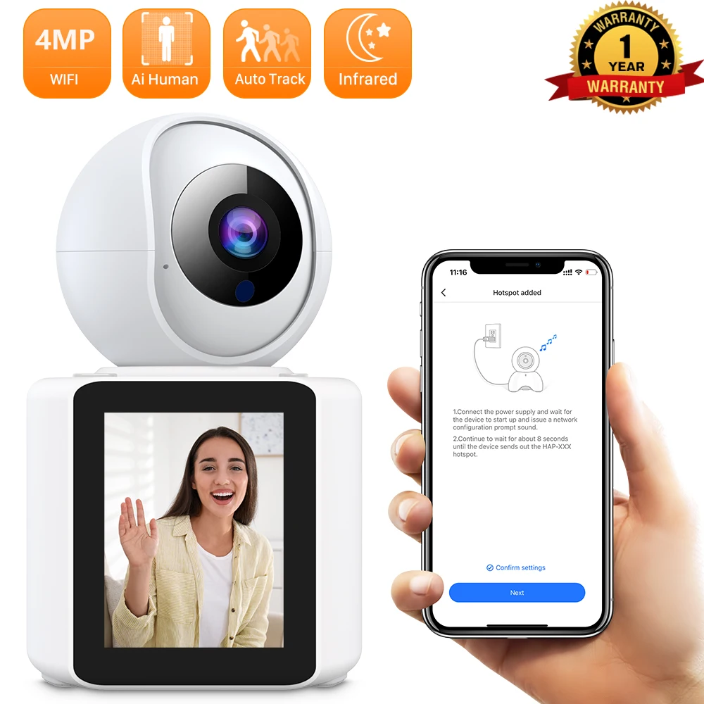 

4MP WiFi Wireless Home Security Camera One-Touch Calls, Motion Tracking SD&Cloud 24/7 Monitoring Night Vision AI Human Detection