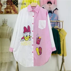 Cartoon Stick-on Crystals Striped Stitching Shirt Women Autumn Fashion Polo Collar Pocket Long Sleeve Shirt Top Ladies