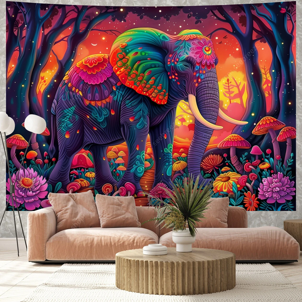 Elephant UV Reactive Tapestry Psychedelic Forest Flower Tapestry Wall Hanging for Kawaii Room Decor Aesthetic Bedroom Wall Decor