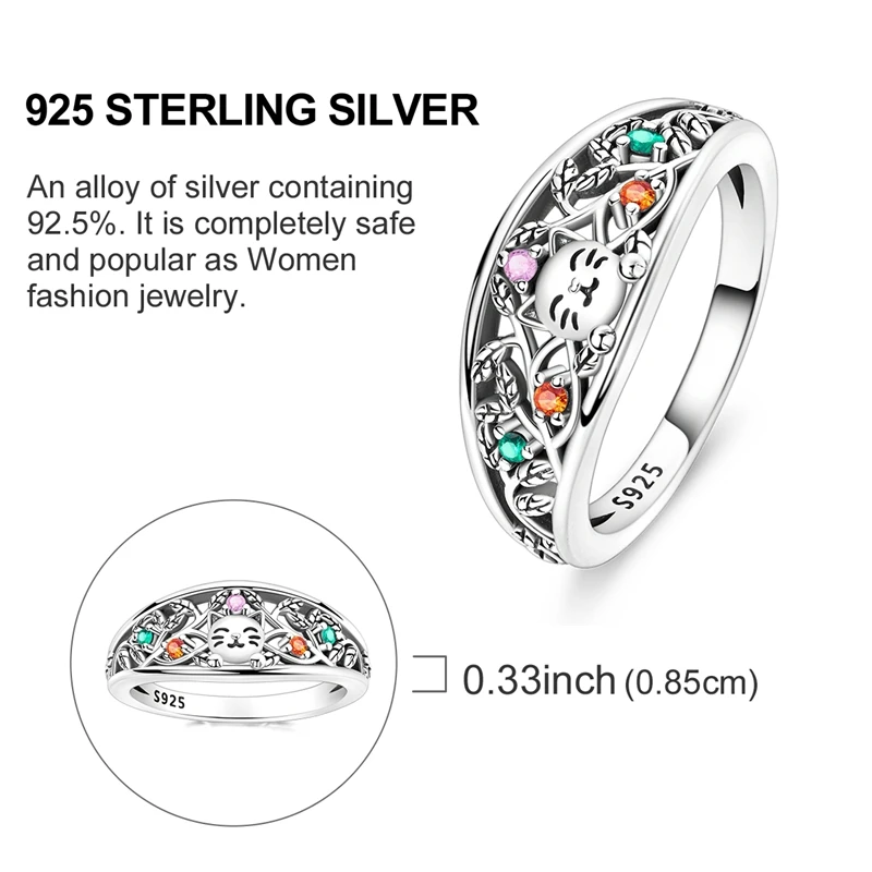 Valentine's Day Series 925 Sterling Silver Colorful Zirconia Cat&Heart shaped Wrapping Ring Date Confession Gift Jewelry