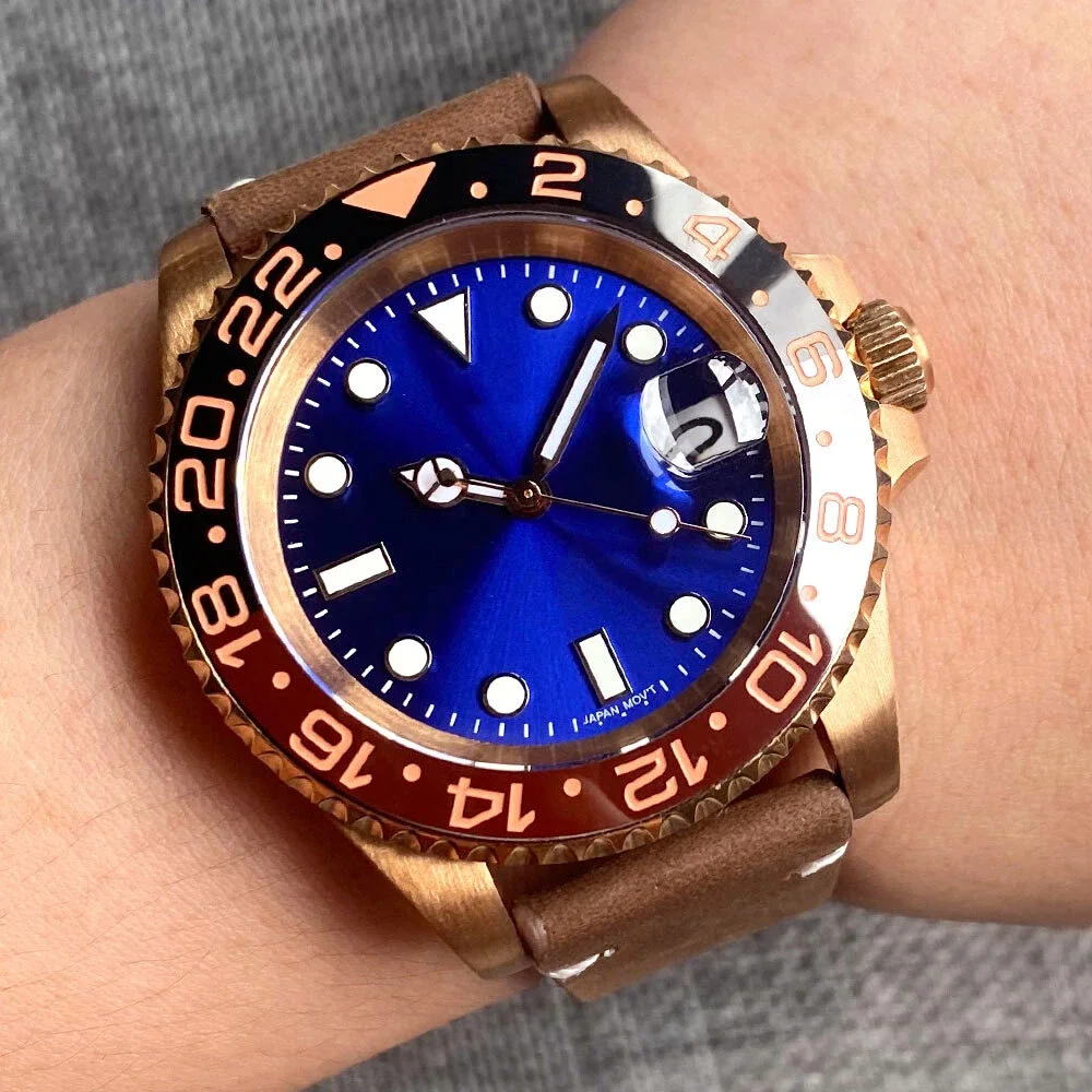 Customized Automatic Men Watch 40MM CUSN8 Bronze Case NH35 Movement 200m Waterproof Sapphire Glass Green/Blue Dial Leather Strap